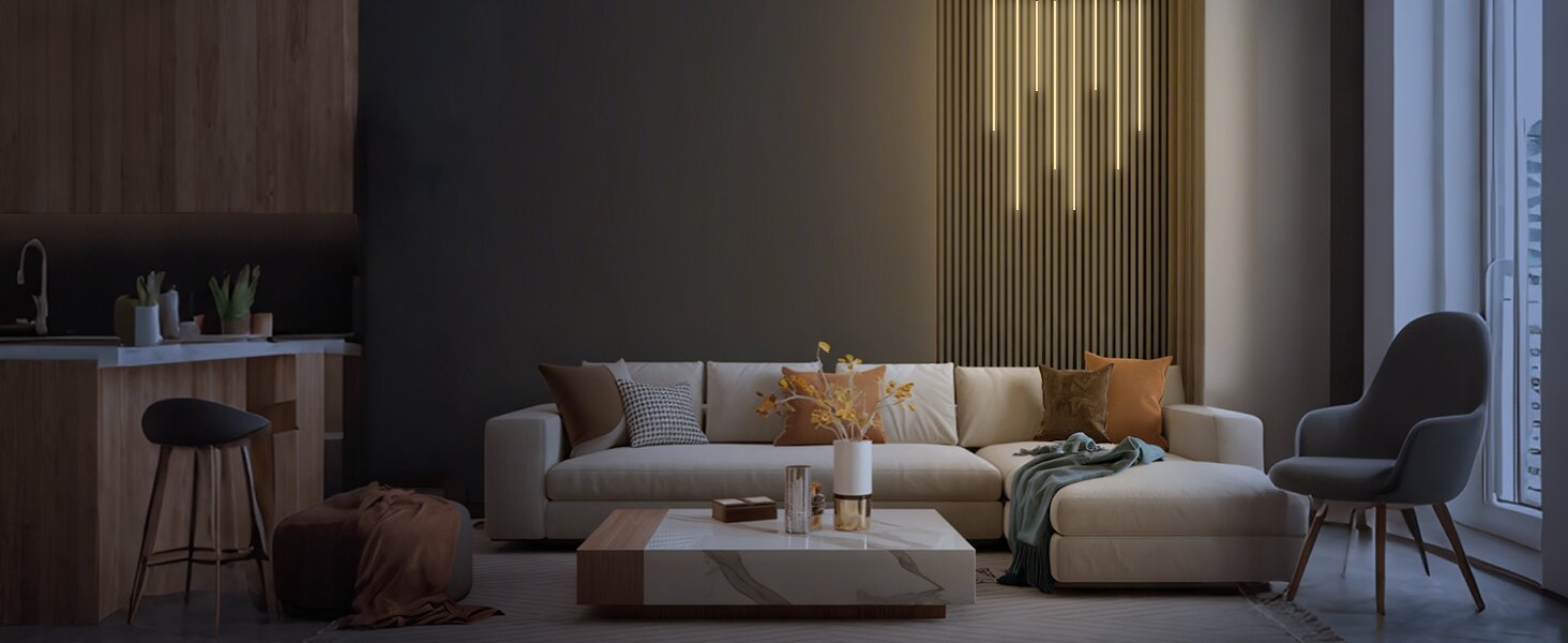 Elegant living room with recessed LED strips on panel walls